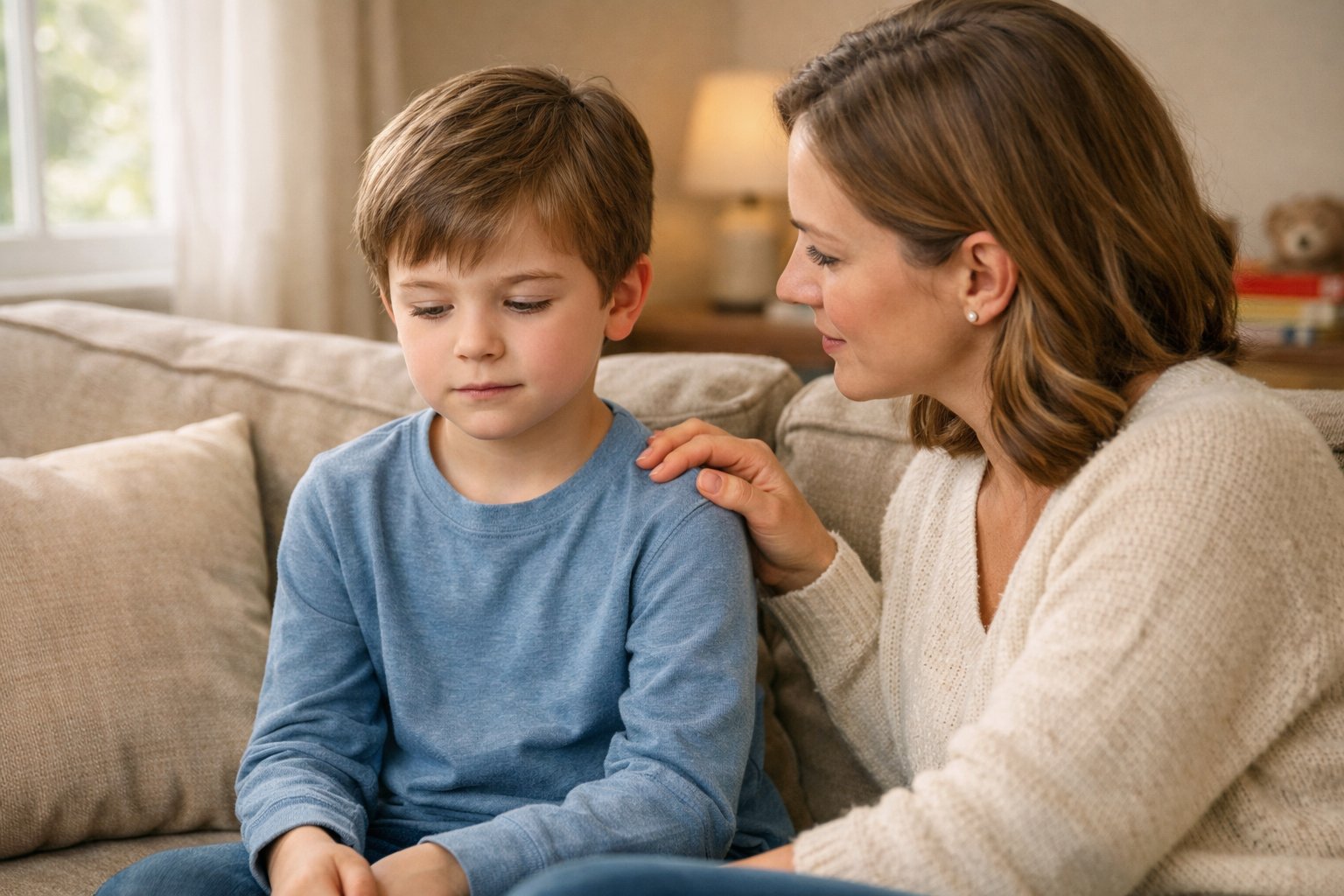 Roditelj pruža podršku zamišljenom djetetu u ugodnoj sobi.