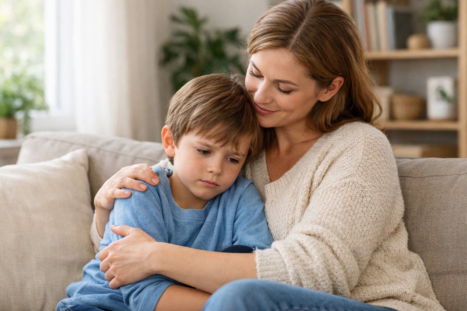 Roditelj nježno tješi osjetljivo dijete u dnevnoj sobi.