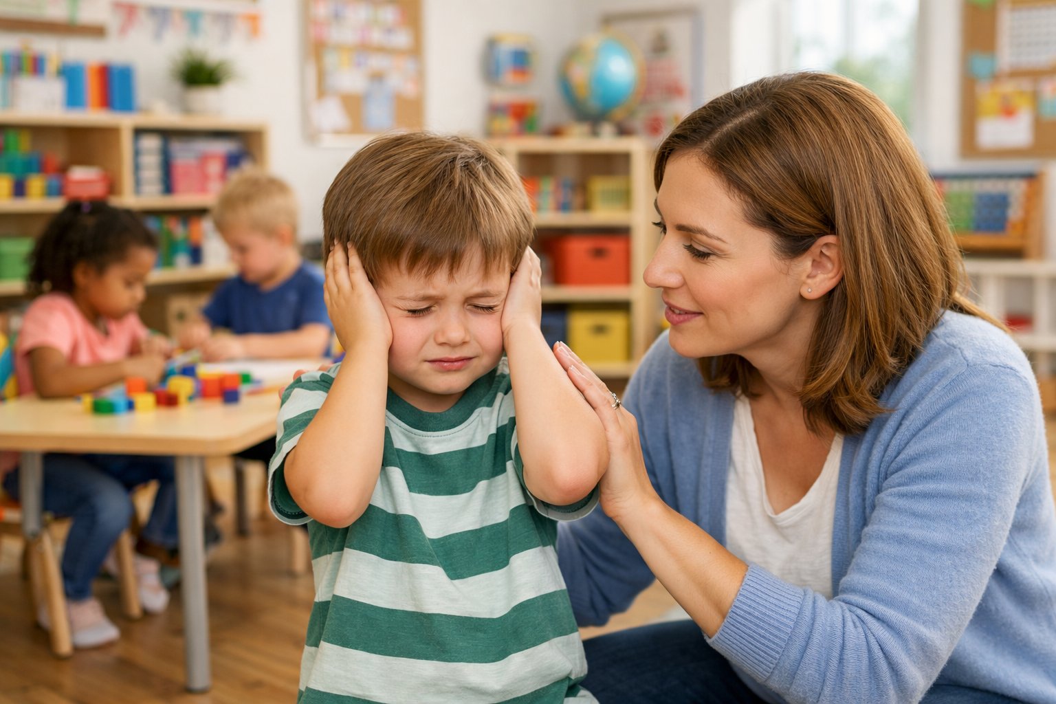 Učiteljica nježno razgovara s djetetom u vrtiću koje pokazuje znakove osjetljivosti, dok se druga djeca igraju u pozadini.