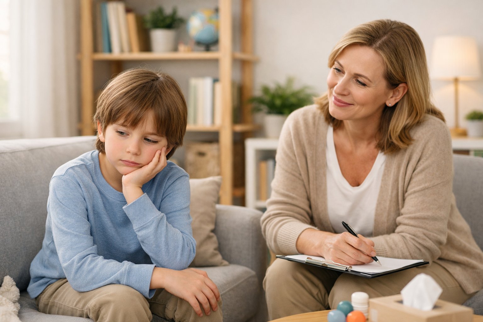Dijete i odrasla osoba u ugodnom okruženju za stručnu pomoć, razgovaraju s pažnjom i razumijevanjem.