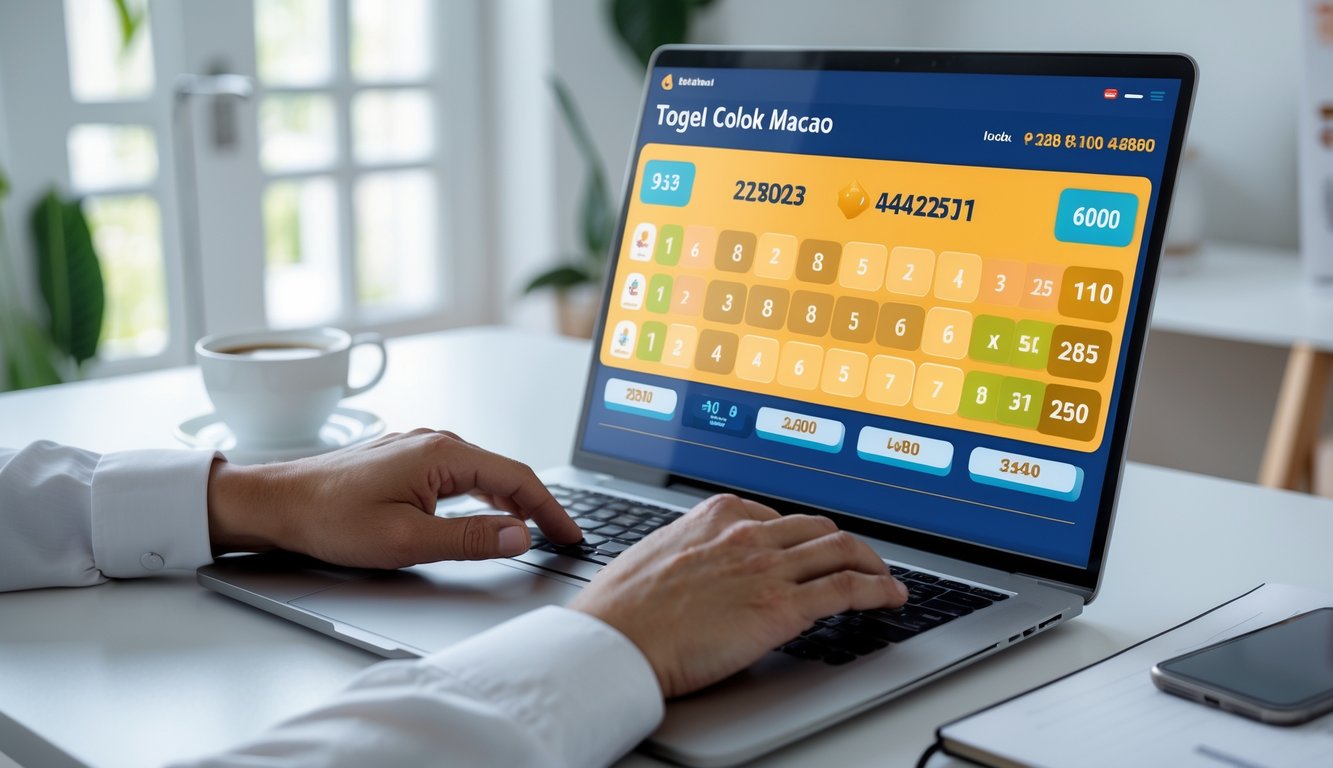 Seseorang menggunakan laptop di ruang kerja dengan tampilan layar permainan togel digital, suasana tenang dan rapi.