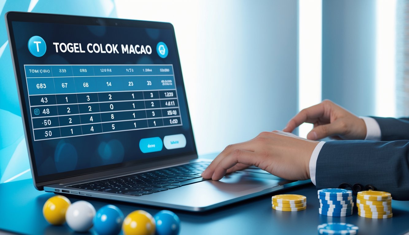 Seseorang menggunakan laptop di meja kerja dengan bola lotere dan chip taruhan, menggambarkan suasana permainan togel online yang aman dan terpercaya.