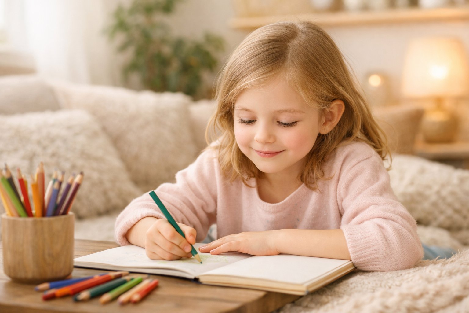 Sretno dijete koje pažljivo crta u toplom i ugodnom okruženju s biljkama i jastucima.