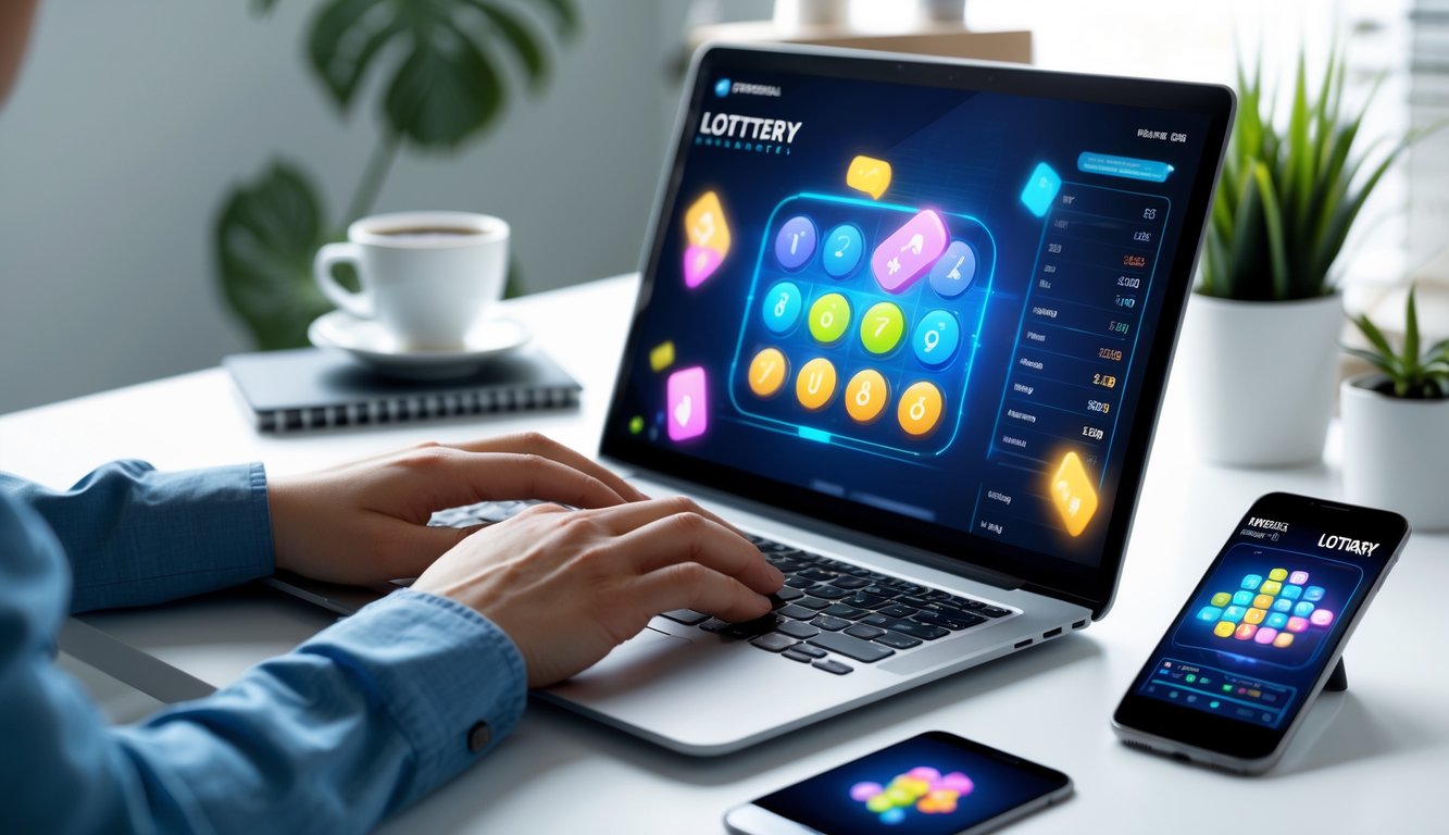 Seseorang menggunakan laptop di meja kerja dengan tampilan permainan angka online di layar.