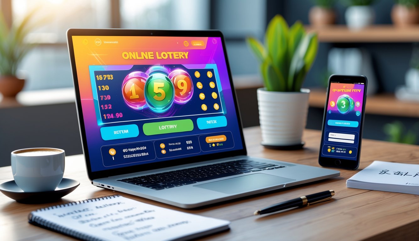 Meja kerja dengan laptop dan ponsel yang menampilkan aplikasi togel online, bersama secangkir kopi dan alat tulis.