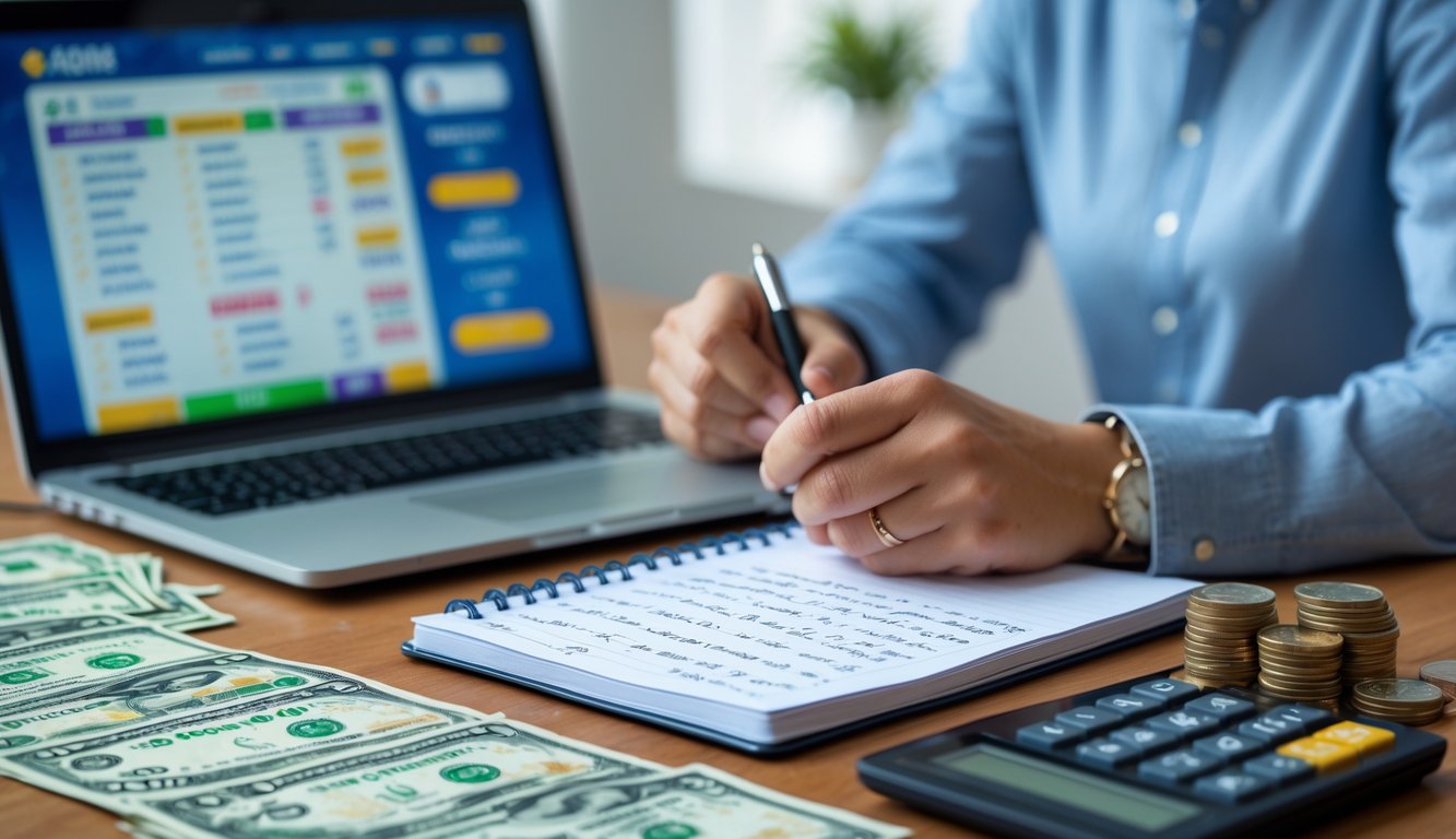 Seseorang sedang mengelola keuangan dengan laptop, buku catatan, kalkulator, dan uang di meja.