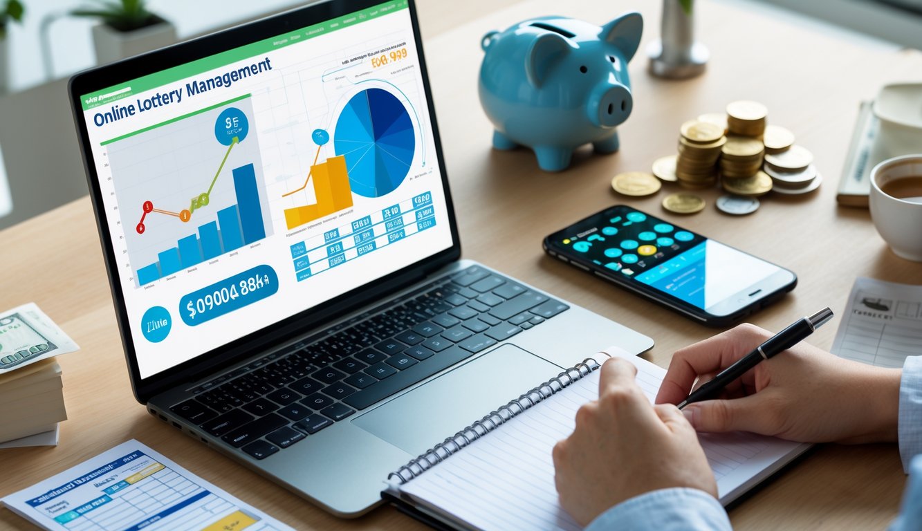 Meja kerja dengan laptop, smartphone, kalkulator, dan tangan seseorang yang sedang mengelola keuangan untuk permainan togel online.