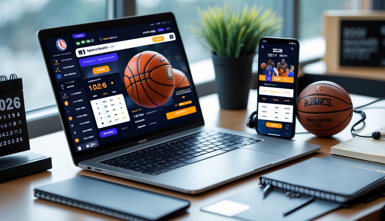 Sebuah meja kerja dengan laptop dan ponsel yang menampilkan aplikasi taruhan NBA, dengan aksesori bertema bola basket di sekitarnya.