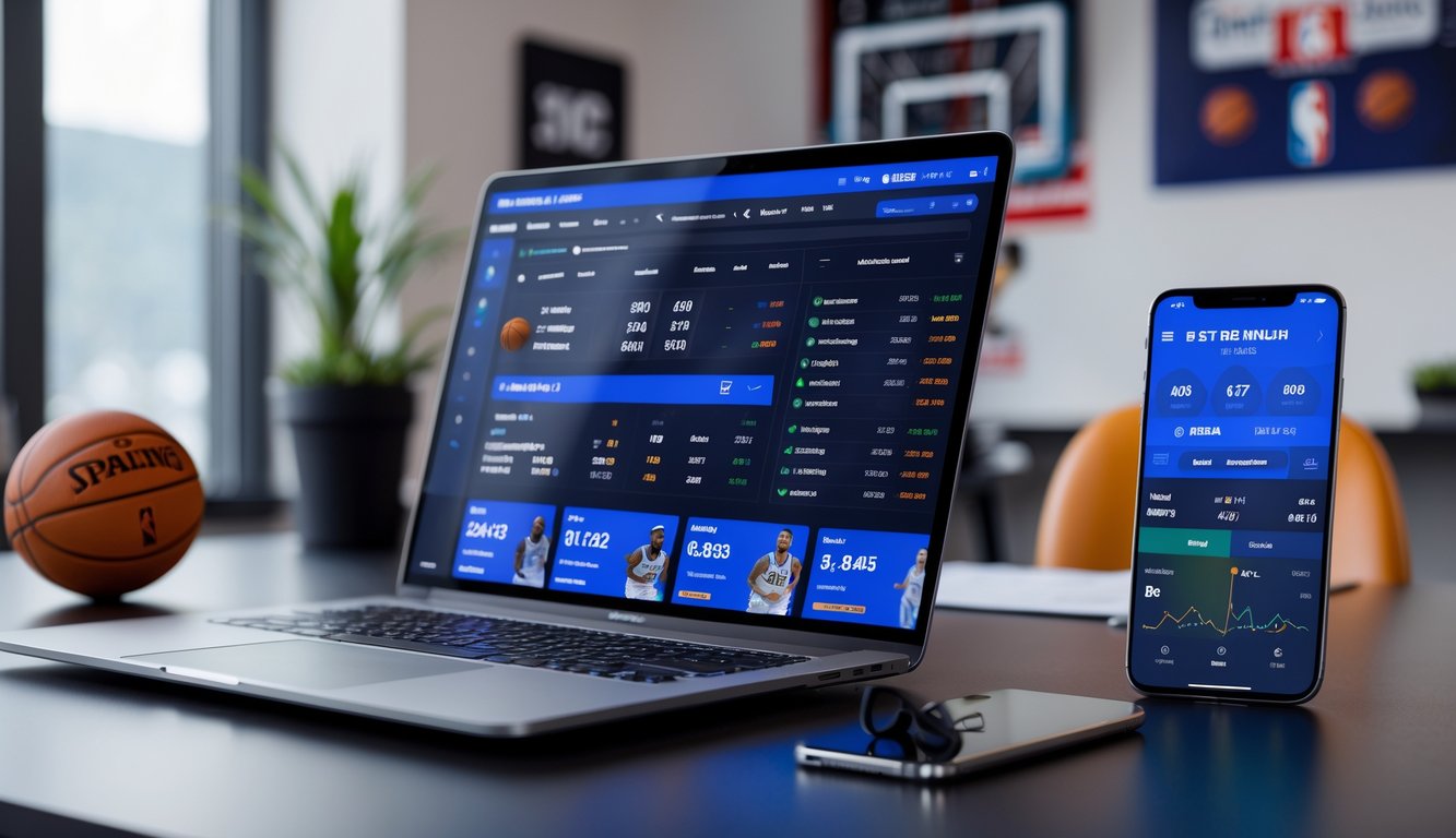 Seorang pria duduk di depan laptop dan ponsel dengan tampilan situs taruhan NBA, dikelilingi dekorasi bertema bola basket di meja kerja.