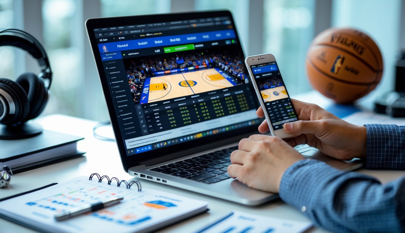 Seseorang menggunakan laptop dan ponsel untuk memasang taruhan NBA online dengan layar menampilkan pertandingan dan statistik basket.
