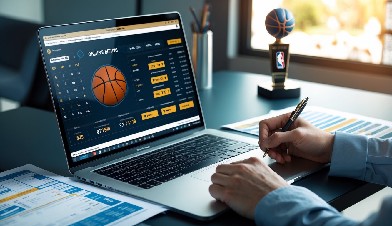 Meja kerja dengan laptop menampilkan statistik bola basket dan tangan seseorang sedang menulis catatan strategi taruhan NBA online.