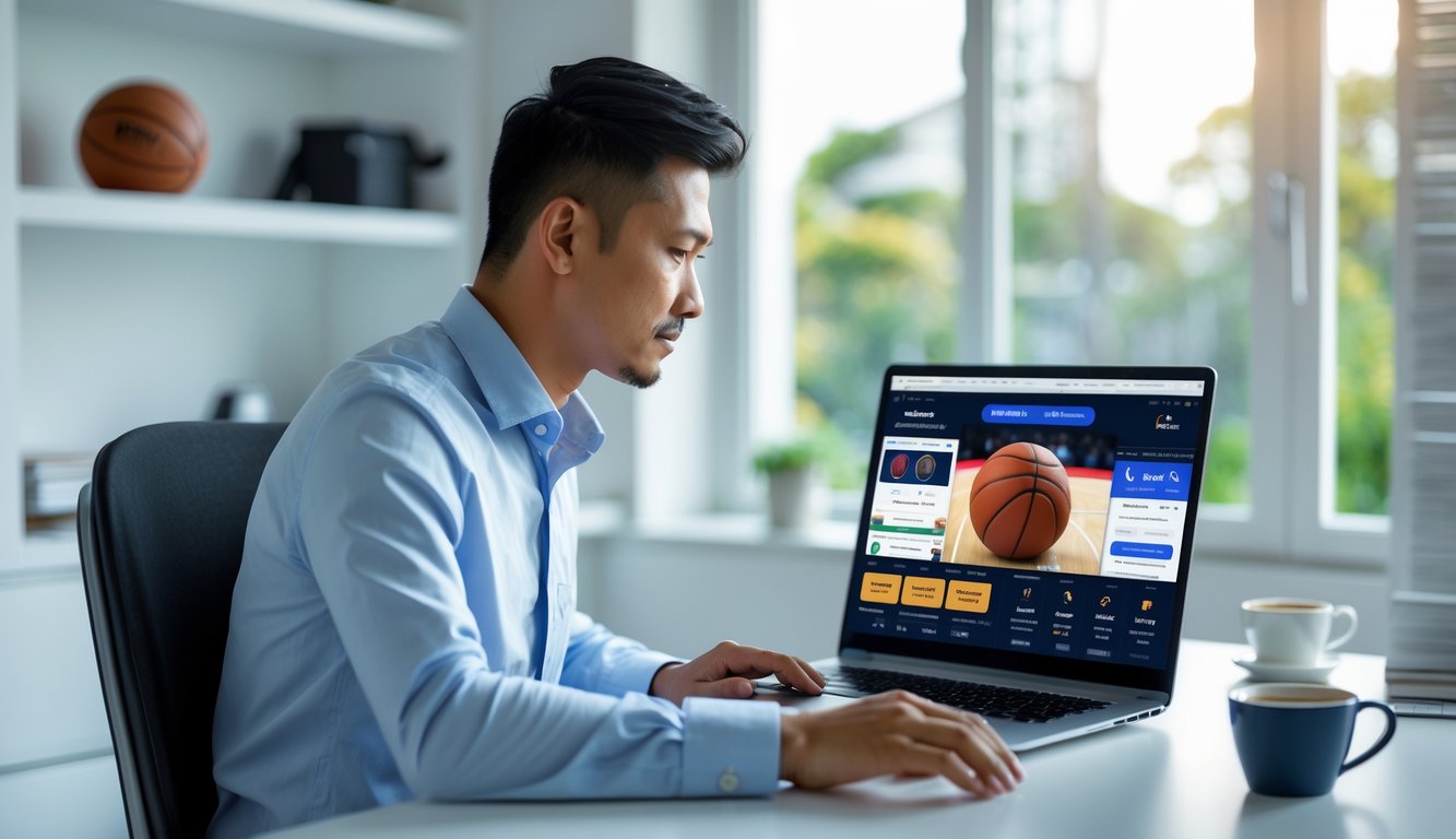 Seorang pria Indonesia duduk di meja kerja dengan laptop yang menampilkan pertandingan basket, di ruang kantor rumah yang terang dan rapi.