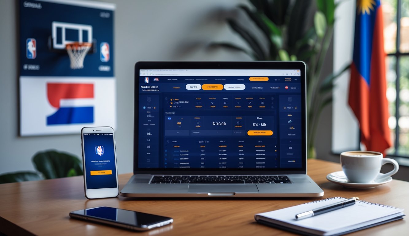Meja kerja modern dengan laptop yang menampilkan permainan bola basket dan taruhan, ponsel dengan halaman login aman, secangkir kopi, dan buku catatan, dengan latar belakang poster bola basket dan bendera Indonesia.