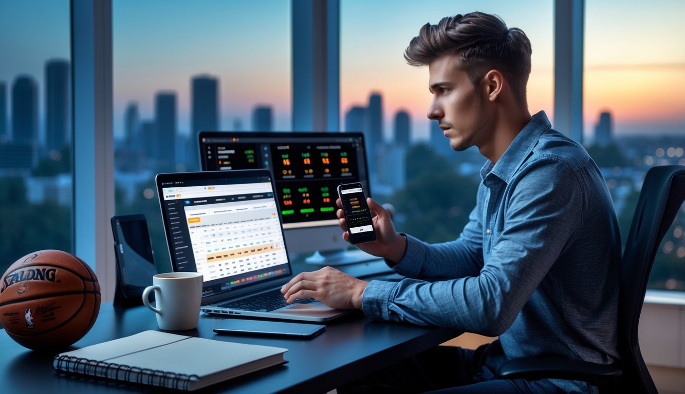 Seorang pria muda duduk di meja dengan perangkat digital yang menampilkan statistik dan skor NBA, fokus menganalisis data di ruang kerja modern.