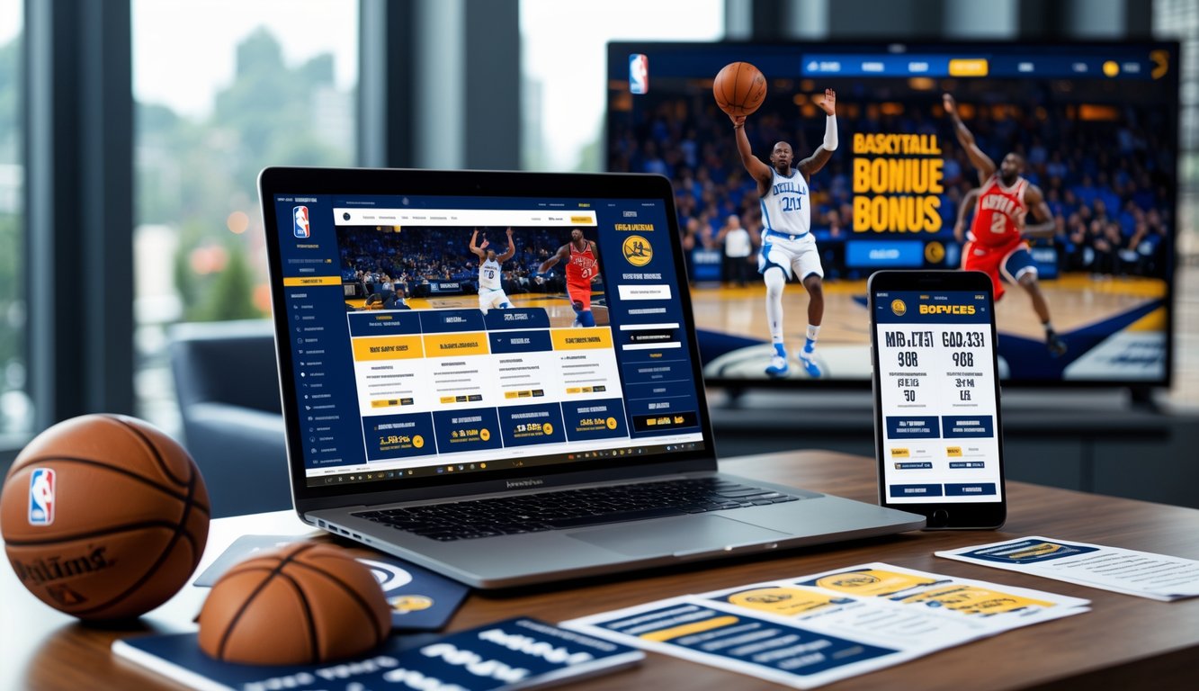 Meja kerja modern dengan laptop, ponsel, dan tablet yang menampilkan situs taruhan NBA online dan promosi, dengan televisi menayangkan pertandingan NBA di latar belakang.