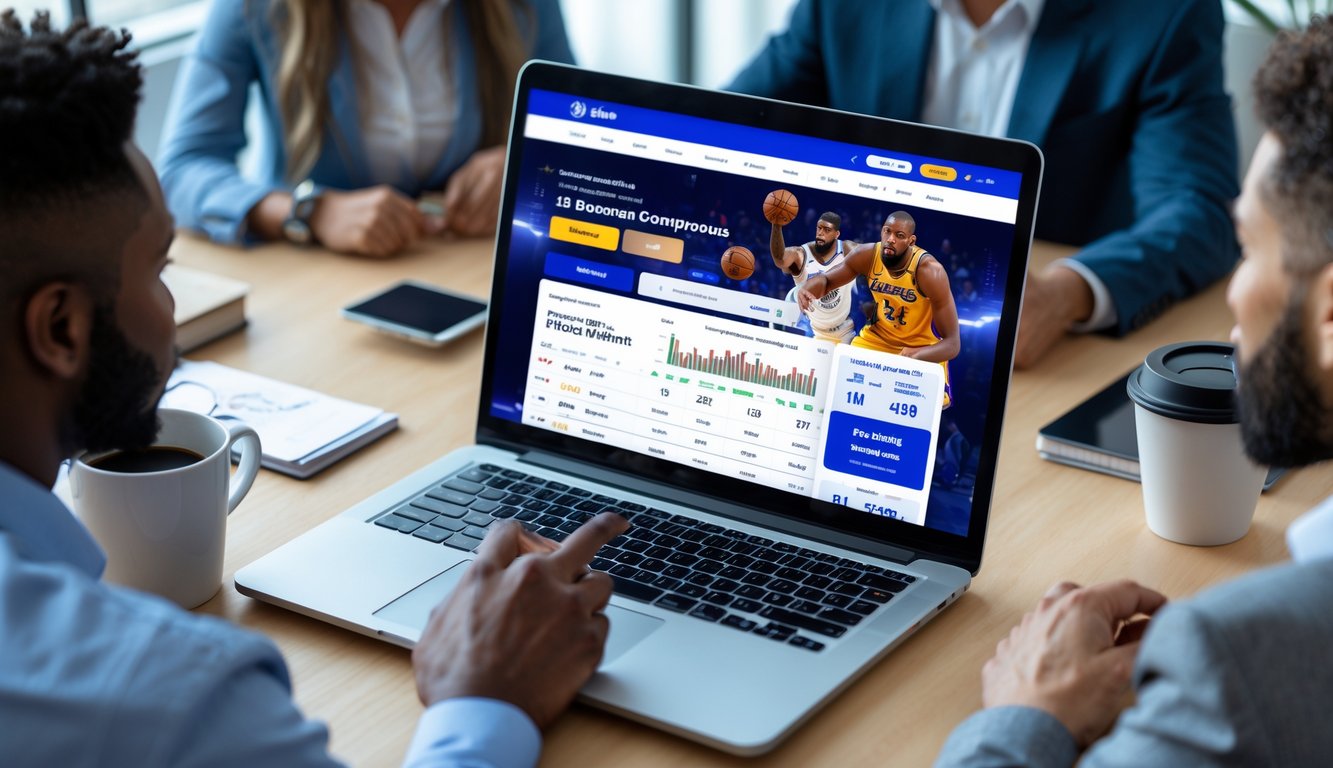 Sekelompok orang menggunakan laptop dan ponsel untuk melihat pertandingan NBA dan taruhan online di ruang kerja modern.