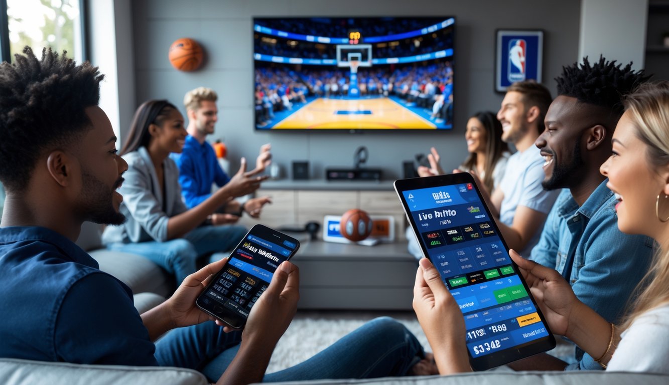Sekelompok orang muda menonton pertandingan NBA di televisi sambil menggunakan ponsel untuk taruhan langsung dalam suasana ruang tamu yang nyaman.