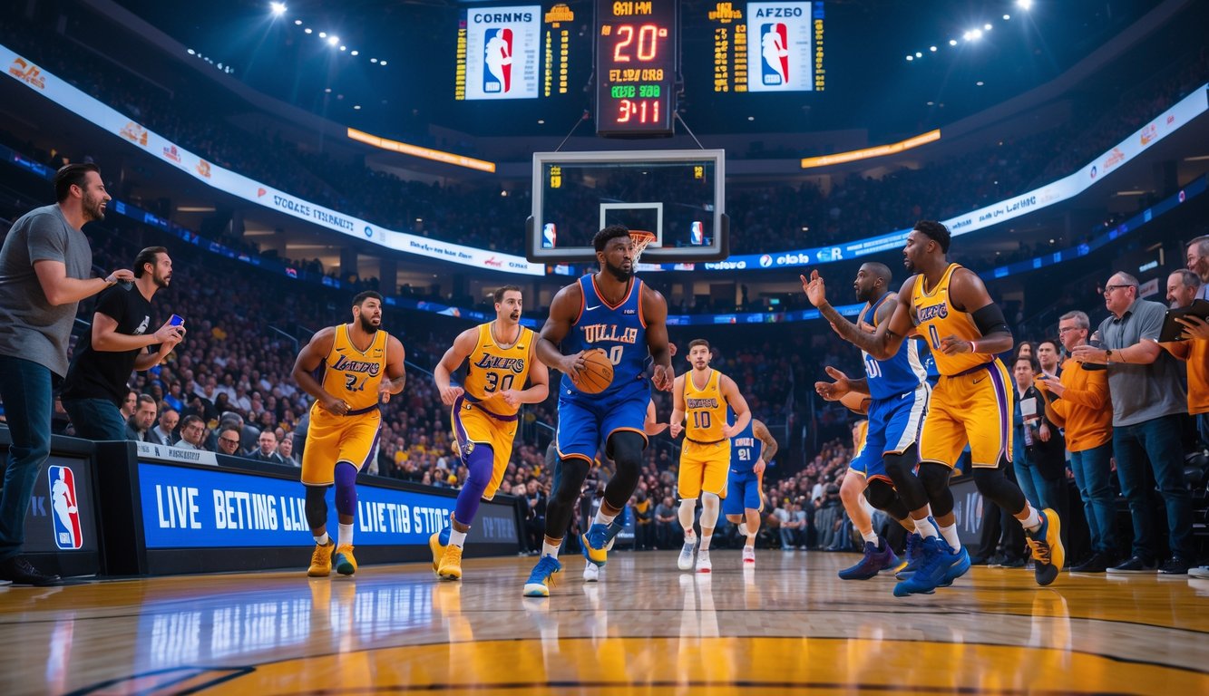 Pertandingan NBA sedang berlangsung di arena penuh penonton dengan pemain yang bergerak aktif dan beberapa orang menggunakan ponsel untuk melihat aplikasi taruhan langsung.