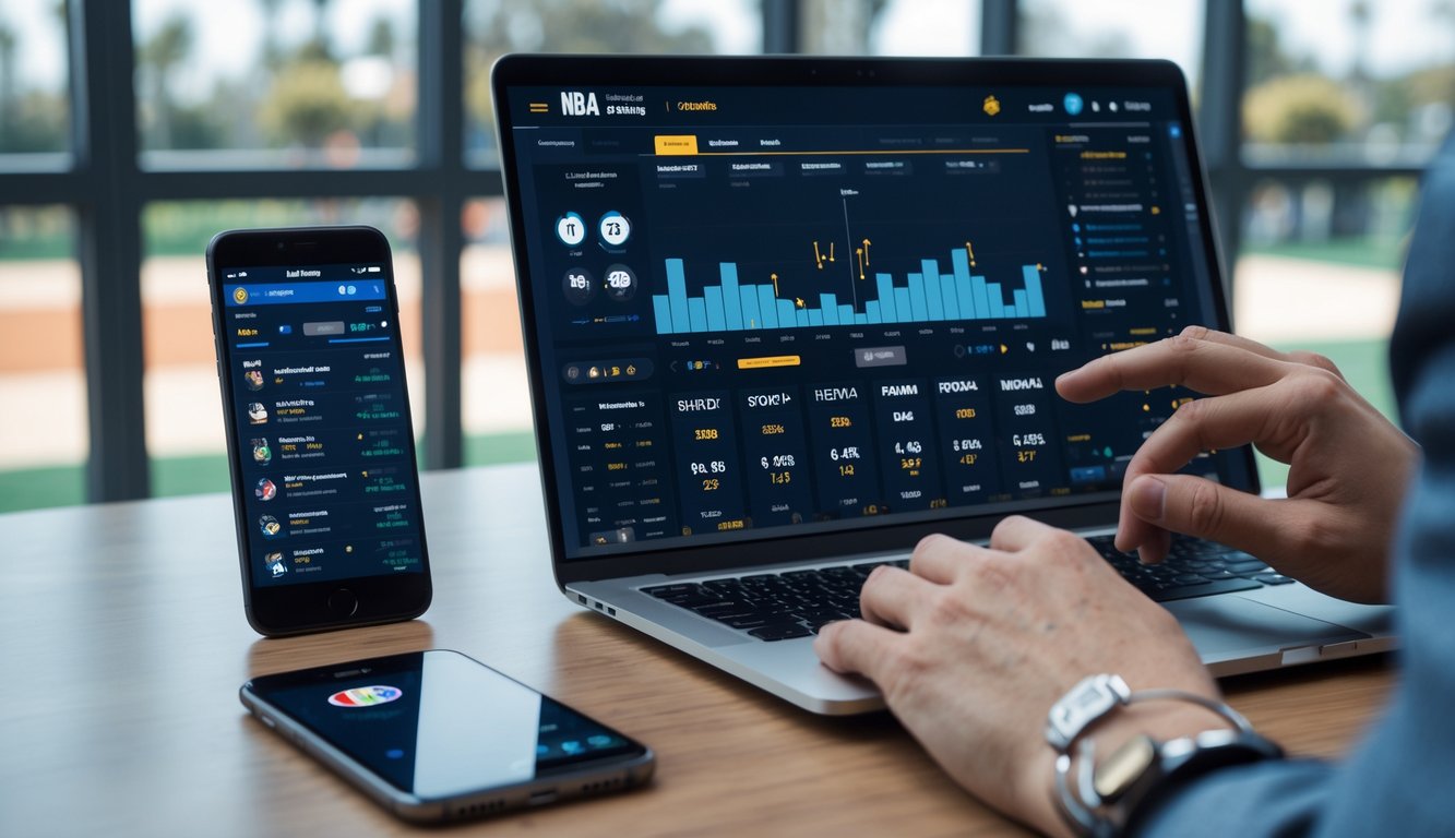Seseorang menggunakan laptop dan ponsel di meja dengan statistik NBA dan pertandingan bola basket terlihat di latar belakang.