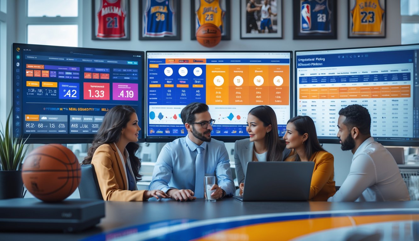 Orang-orang yang sedang menganalisis statistik pemain dan tim NBA di ruang kerja dengan layar komputer besar.