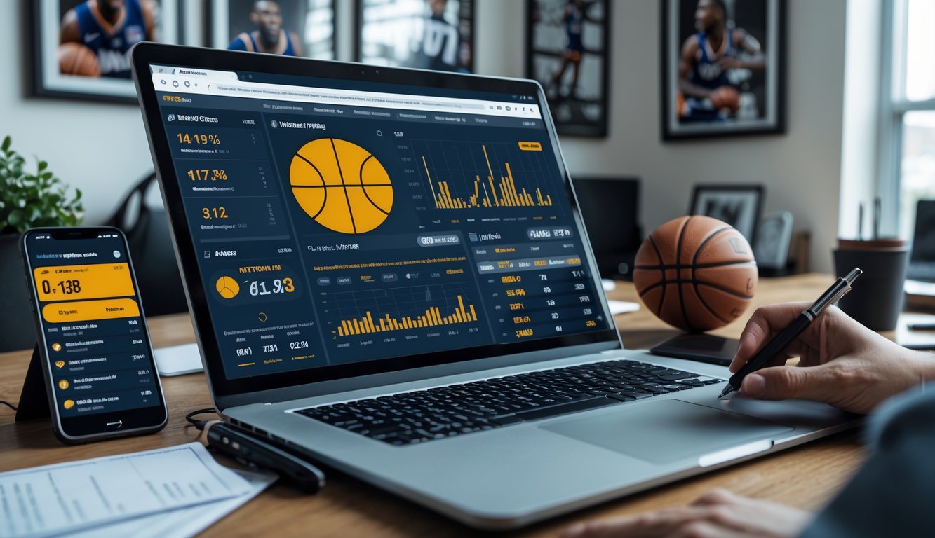Meja kerja dengan laptop menampilkan statistik NBA dan ponsel dengan skor langsung, tangan seseorang sedang menganalisis data taruhan NBA online.