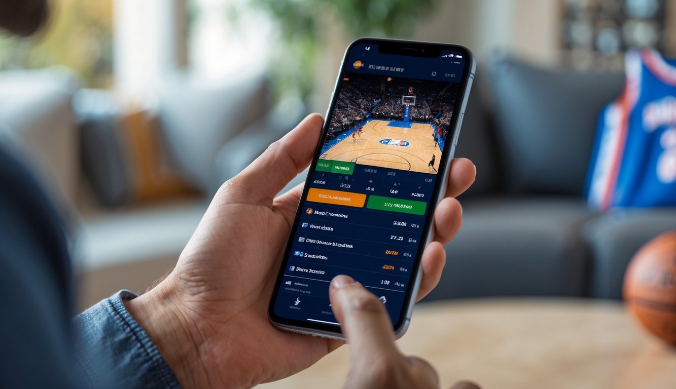 Seseorang memegang smartphone yang menampilkan pertandingan NBA dan opsi taruhan di layar dalam suasana dalam ruangan yang nyaman.