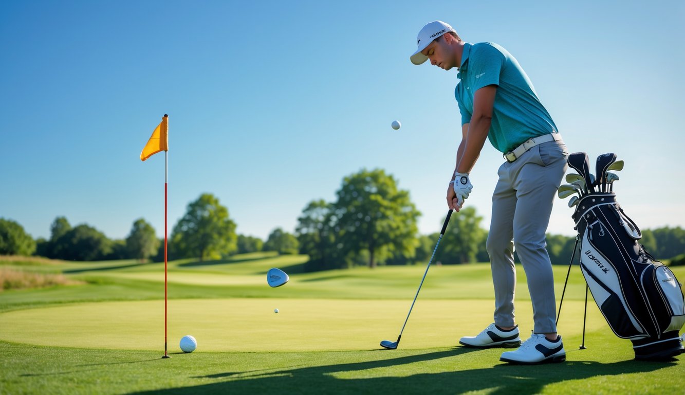 Seorang pemula bermain golf di lapangan hijau dengan posisi siap memukul bola golf.