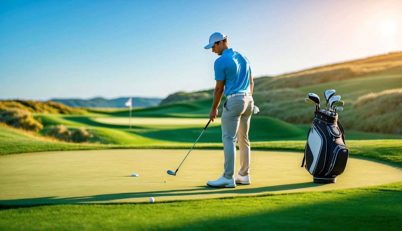 Seorang pemain golf pemula sedang bersiap melakukan ayunan di lapangan golf yang hijau dengan latar belakang langit cerah dan bukit-bukit kecil.
