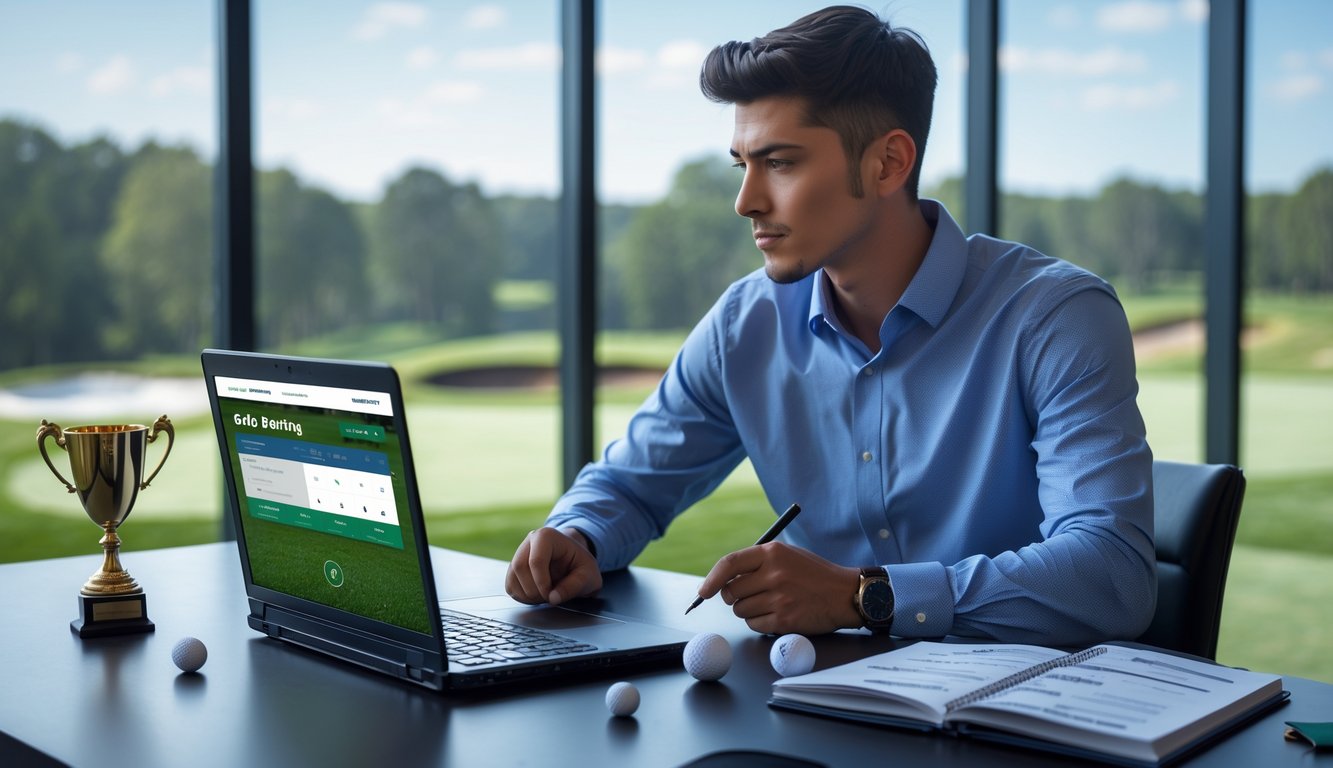Seorang pria muda duduk di meja dengan laptop menampilkan situs taruhan golf online, dikelilingi oleh perlengkapan golf dan catatan, dengan latar belakang lapangan golf.