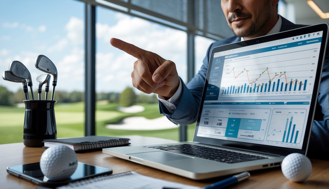 Seorang pria sedang menganalisis strategi taruhan golf online di depan laptop dengan latar belakang lapangan golf.