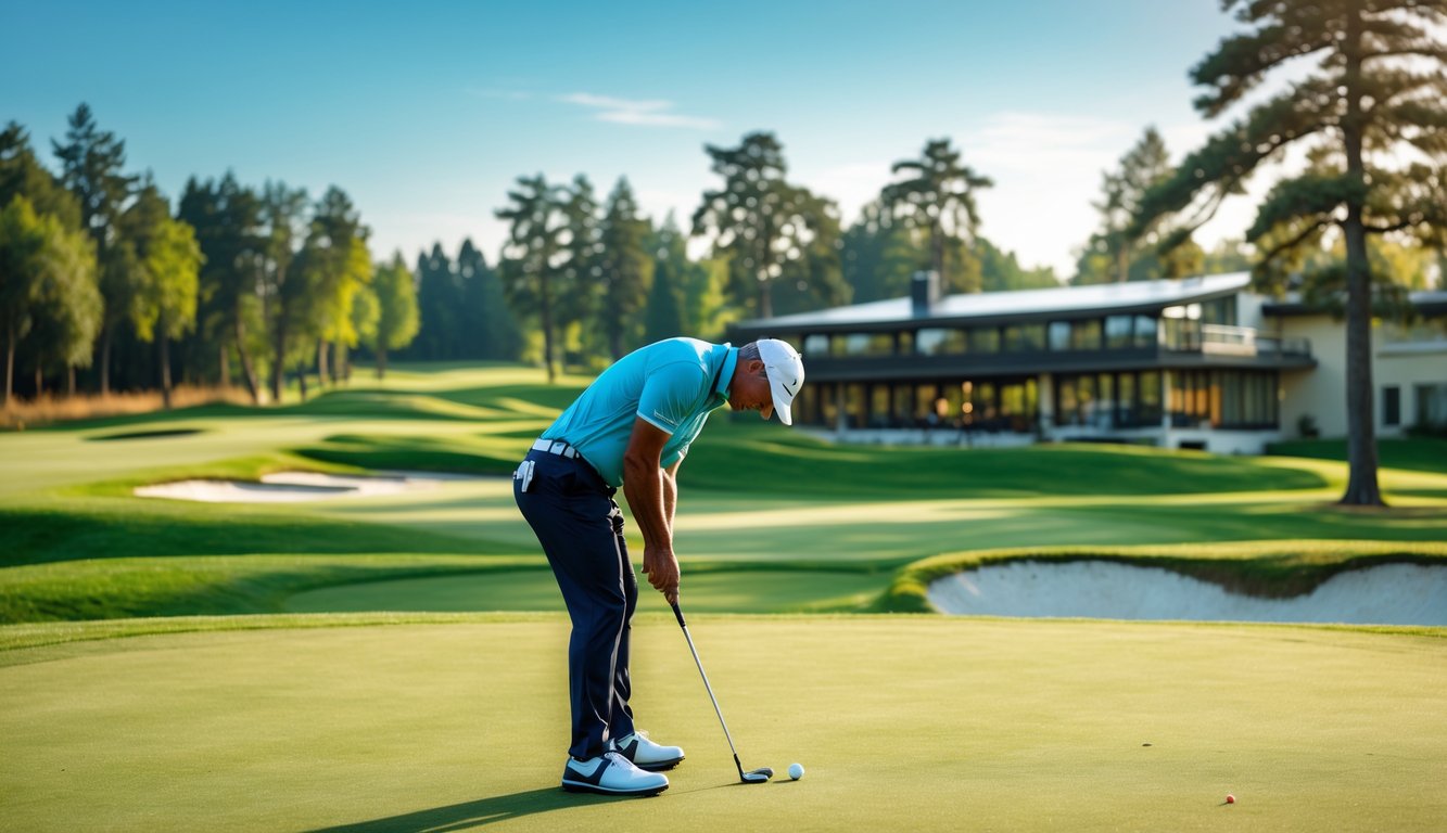 Seorang pemain golf pria sedang bersiap memukul bola di lapangan golf hijau dengan clubhouse dan pepohonan di latar belakang.