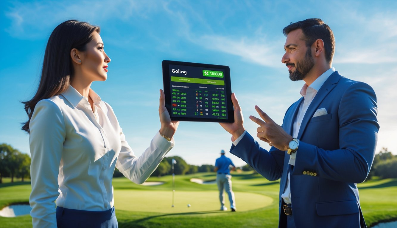 Dua orang berdiri di lapangan golf, berdiskusi sambil melihat tablet digital dengan latar seorang pegolf sedang mengayunkan tongkat golf.