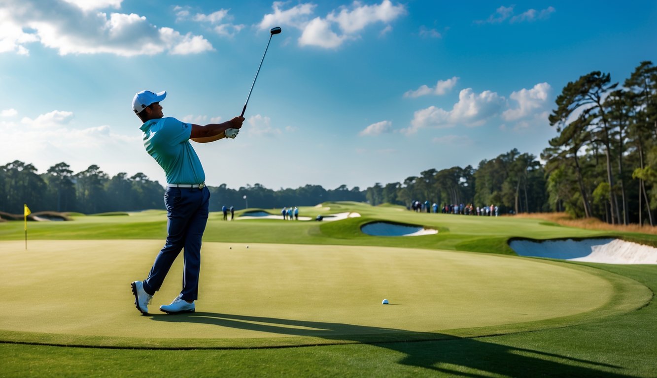 Seorang pegolf sedang melakukan ayunan di lapangan golf hijau pada hari cerah di turnamen PGA dengan penonton di kejauhan.