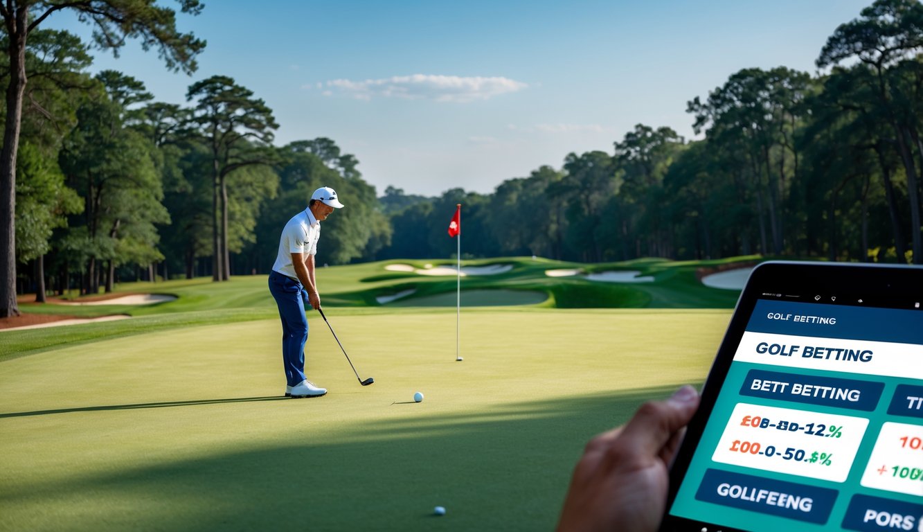 Seorang pegolf sedang bersiap menembak di lapangan golf yang hijau dengan bendera lubang, di sampingnya terdapat perangkat digital yang menampilkan informasi taruhan.