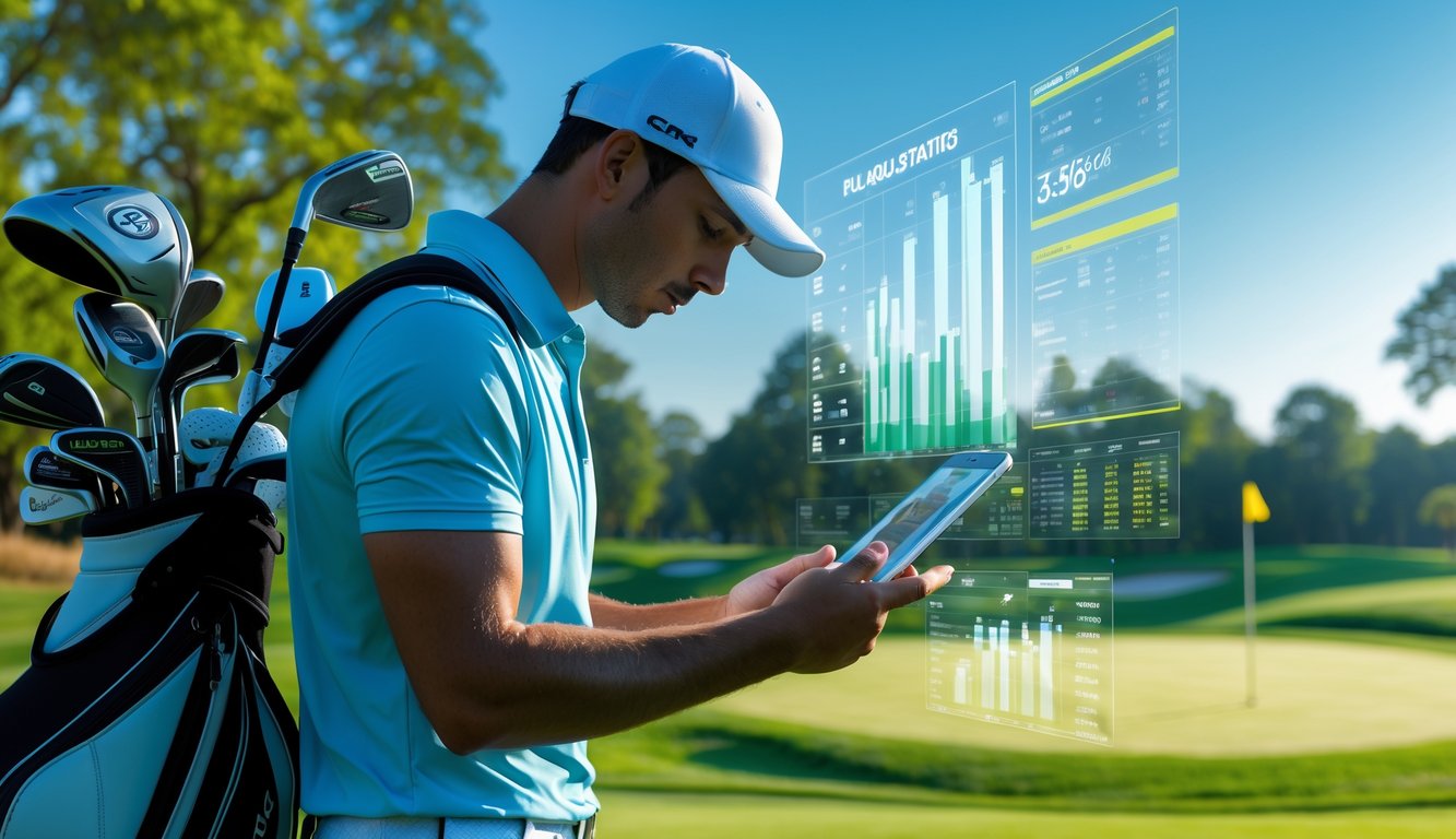 Seorang pegolf pria sedang melihat data statistik pemain di tablet di lapangan golf yang hijau.