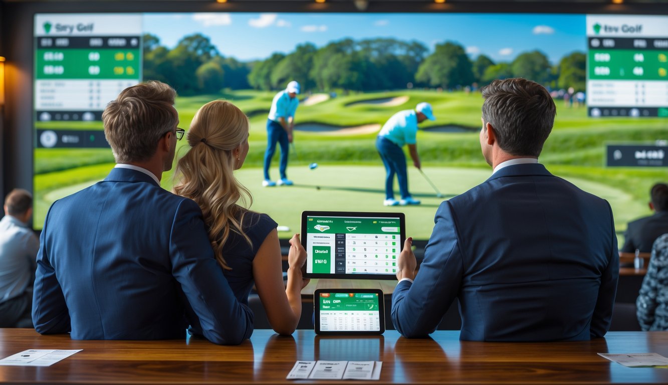 Dua orang duduk di bar olahraga menonton turnamen golf langsung sambil menggunakan perangkat digital untuk taruhan.