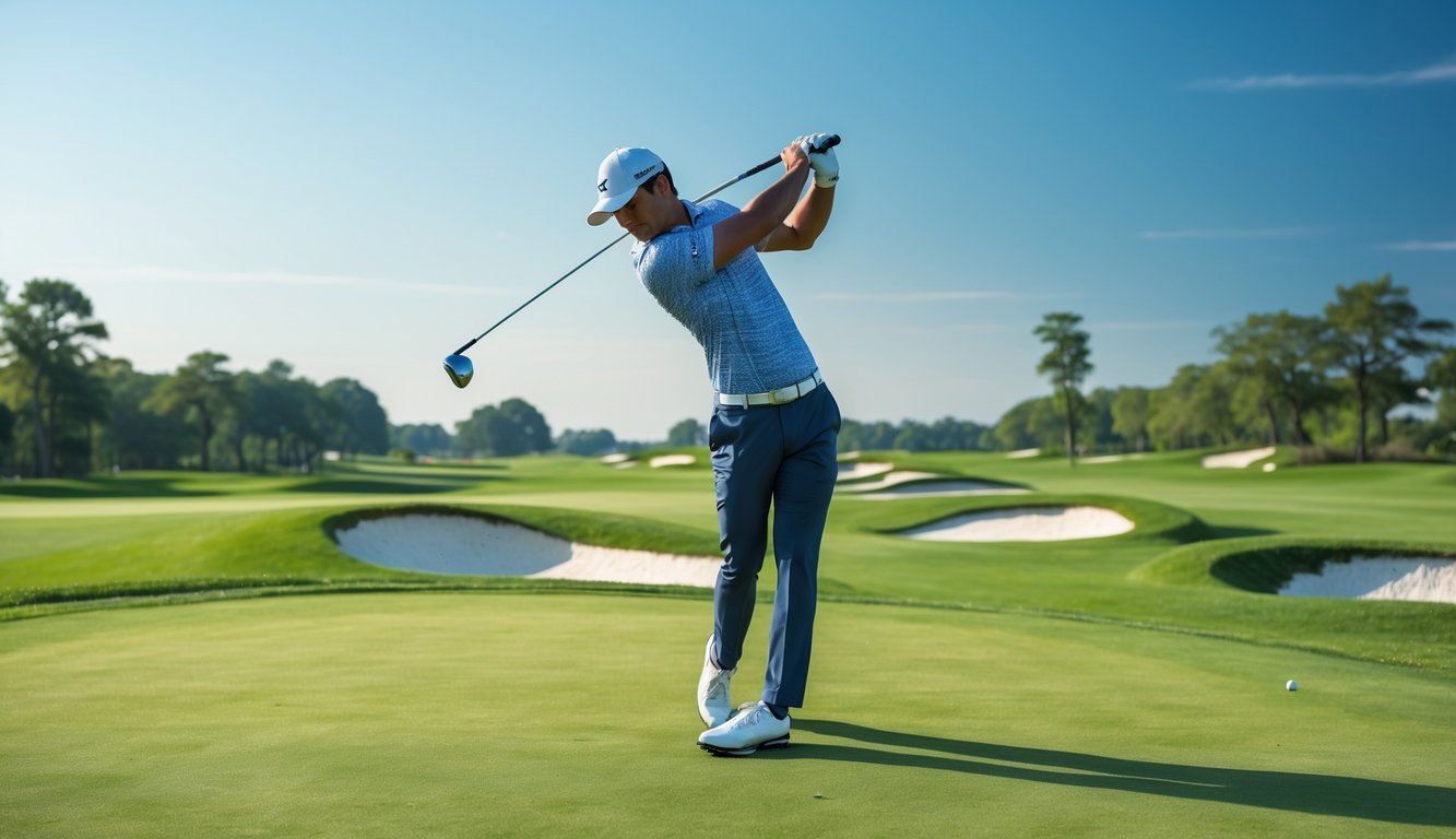 Seorang pemain golf pria sedang mengayunkan tongkat golf di lapangan golf yang hijau dan cerah.