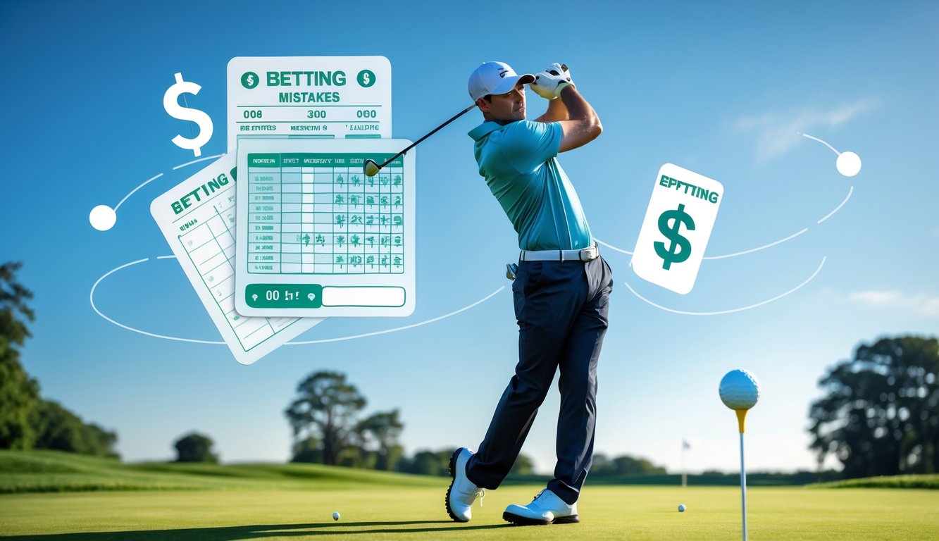 Seorang pegolf pria sedang mengayunkan tongkat golf di lapangan golf yang hijau dan cerah dengan latar belakang langit biru.