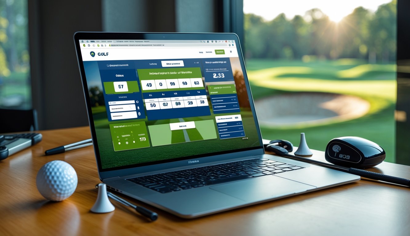 Meja kerja dengan laptop yang menampilkan situs taruhan golf online, dikelilingi oleh bola golf, tee, dan stik golf, dengan latar belakang lapangan golf yang terlihat melalui jendela.