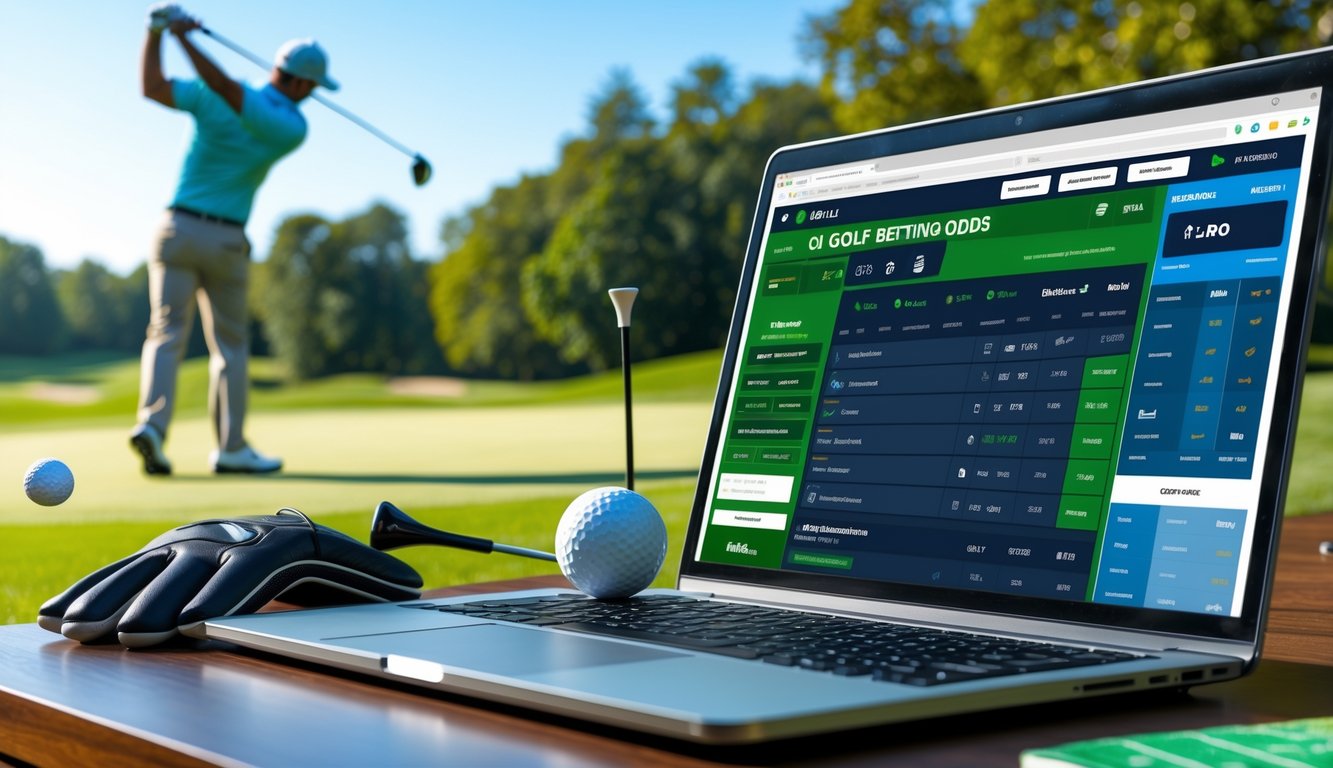 Seorang pemain golf sedang mengayunkan tongkat golf di lapangan hijau dengan laptop yang menampilkan situs taruhan golf terbuka di meja kayu di dekatnya.