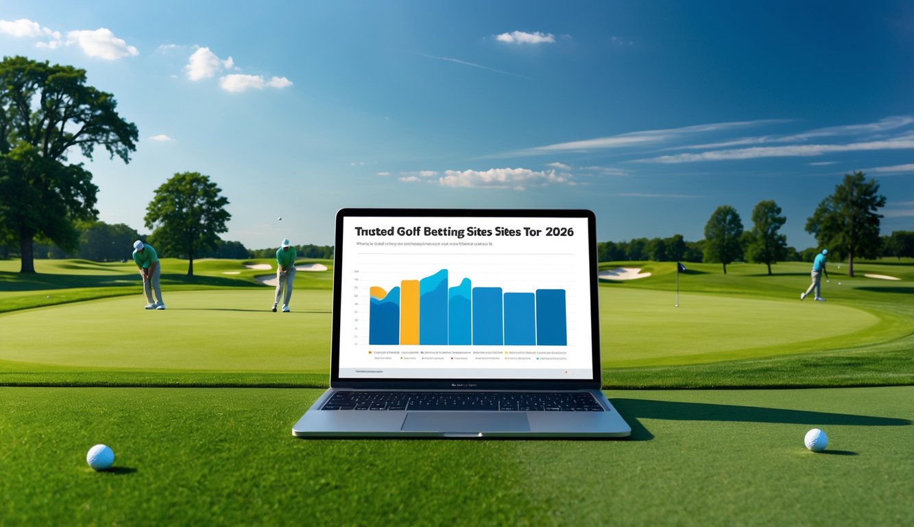 Pemandangan lapangan golf hijau dengan beberapa pemain golf dan perangkat digital menampilkan grafik perbandingan situs taruhan golf terpercaya.