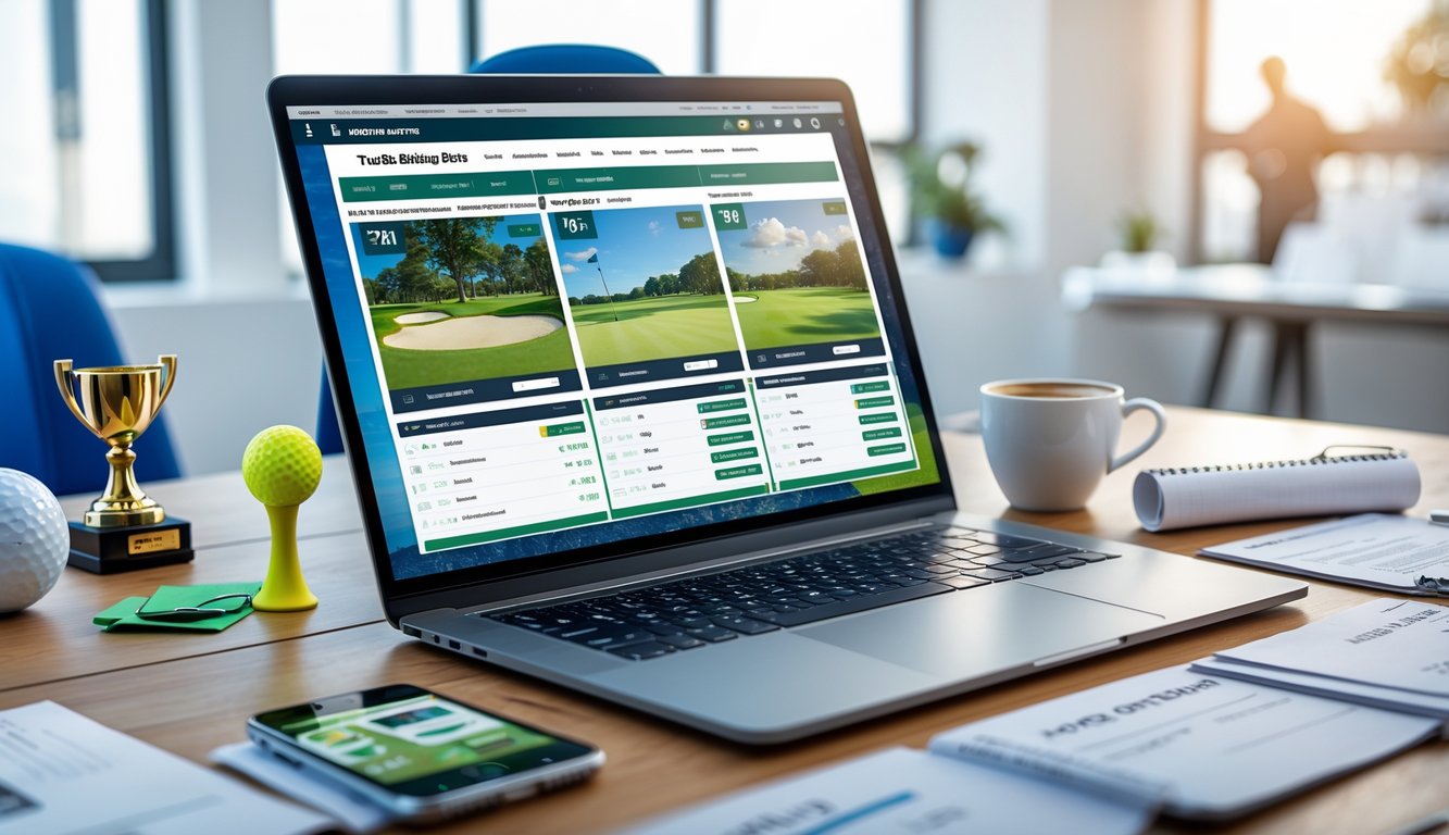 Meja kerja modern dengan laptop yang menampilkan situs taruhan golf, bola golf, dan trofi kecil di sekitarnya.