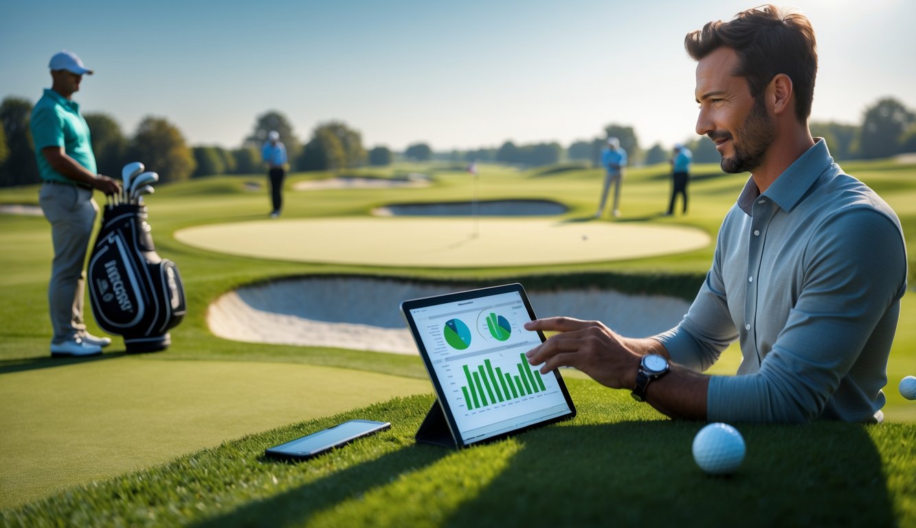 Seorang pria sedang menganalisis data di lapangan golf dengan pemain golf yang sedang bermain di latar belakang.