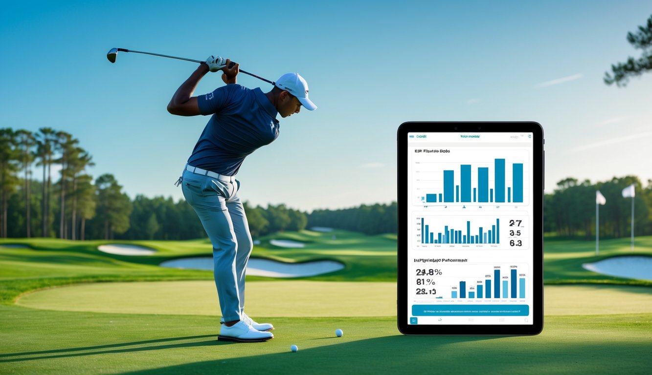 Seorang pegolf sedang mengayunkan tongkat golf di lapangan golf yang hijau dengan layar digital menampilkan grafik dan statistik di dekatnya.