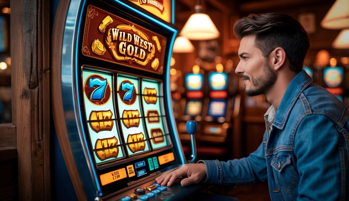 Seorang pemain fokus menggunakan mesin slot bertema Wild West di dalam saloon kayu dengan simbol koboi dan emas pada gulungan mesin.