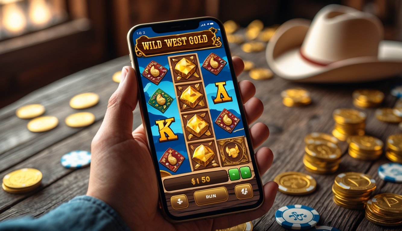 Tangan memegang ponsel yang menampilkan permainan slot bertema Wild West dengan latar meja kayu dan koin emas.
