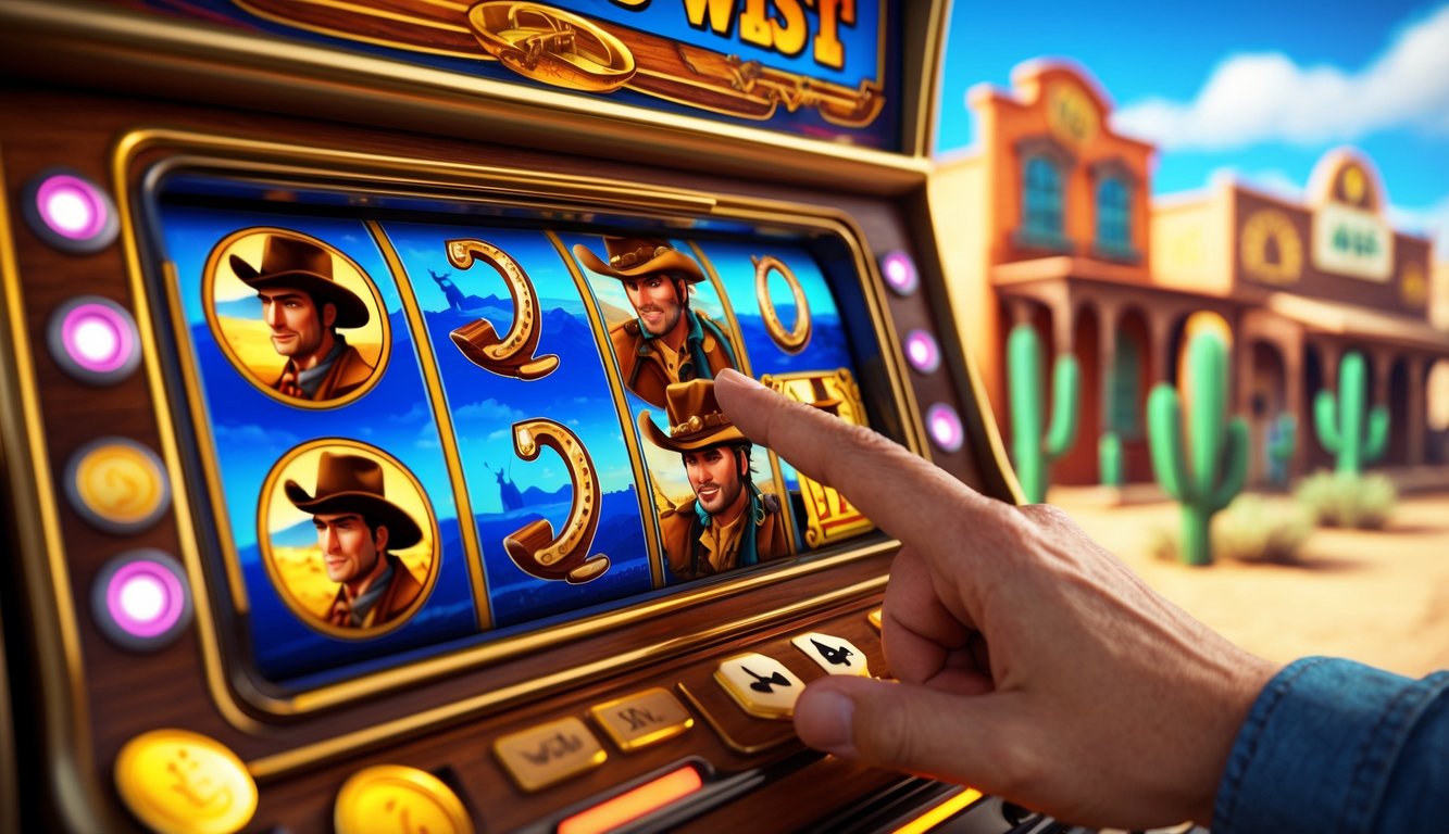 Tampilan dekat mesin slot bertema Wild West dengan simbol koboi dan koin emas di layar digital, latar belakang kota gurun dan kaktus.