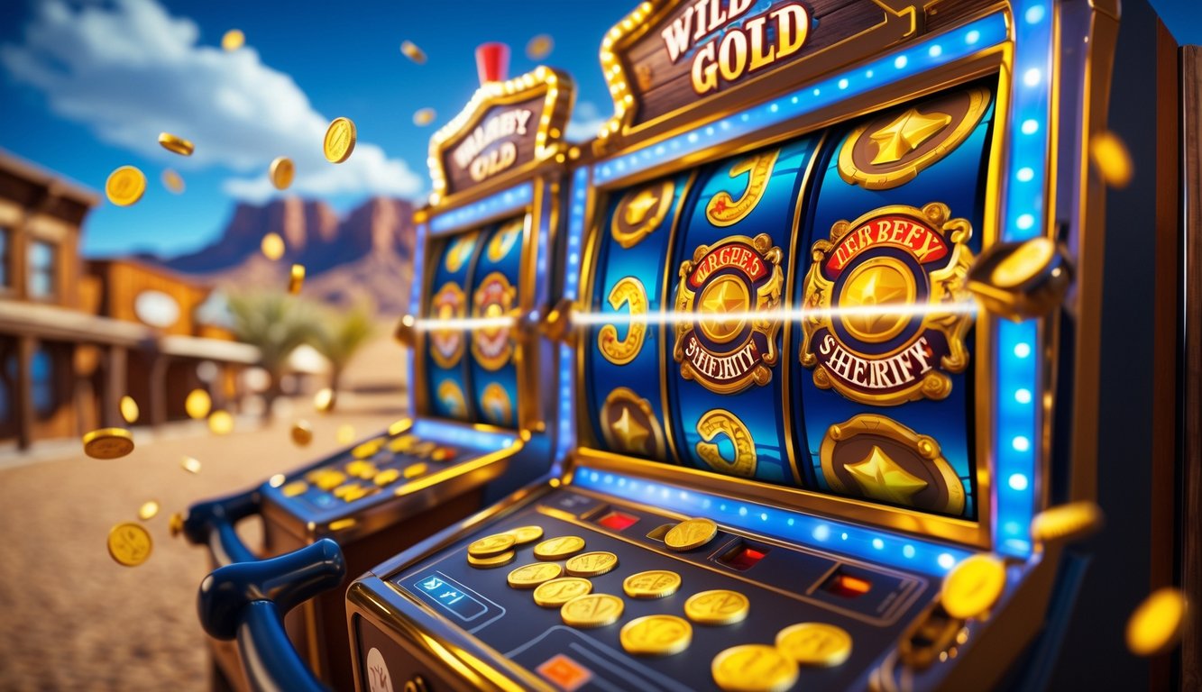 Mesin slot bertema Wild West dengan simbol koboi dan koin emas yang berputar di latar kota Barat dan langit cerah.