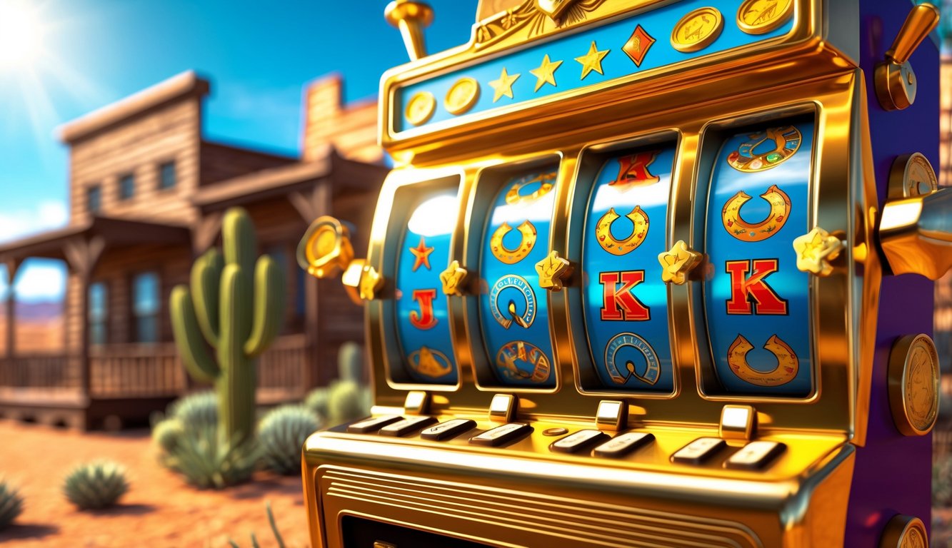 Mesin slot bertema Wild West dengan simbol emas dan latar belakang kota gurun barat.