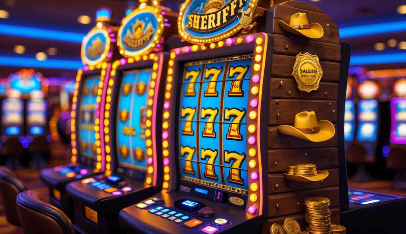 Mesin slot bertema Wild West dengan simbol koboi dan emas di lantai kasino yang ramai.